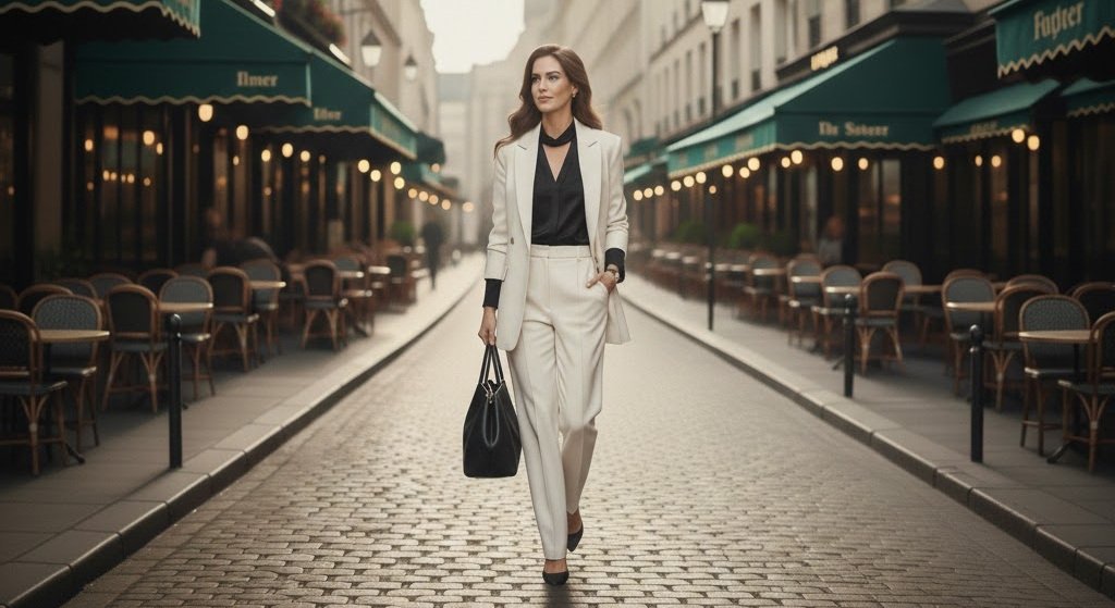 Mulher elegante com estilo Quiet Luxury caminhando em rua sofisticada de Paris, representando o estilo de vida Sugar Baby de alto nível no VIP Sugar.