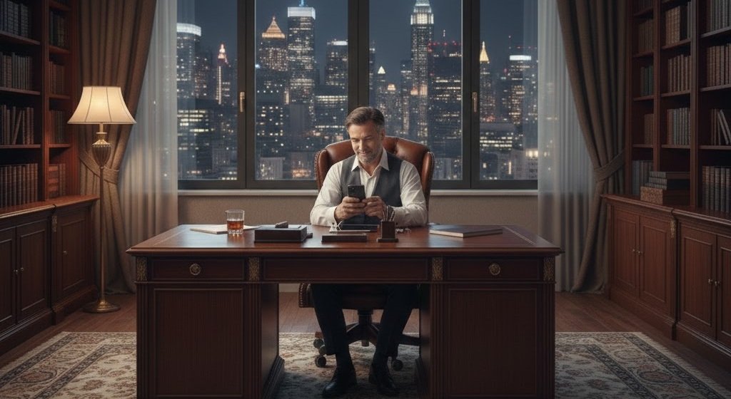 Homem elegante (Sugar Daddy) usando o celular em um ambiente de escritório de luxo para iniciar conversa com uma Sugar Baby.