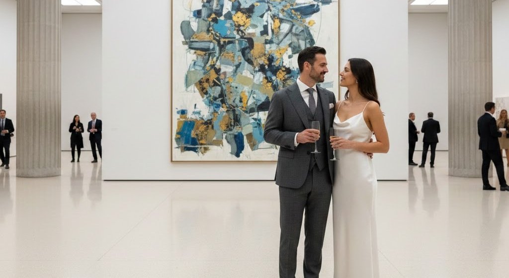Sugar Daddy e Sugar Baby elegantes em galeria de arte, representando o valor intelectual e social no VIP Sugar.