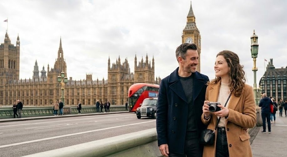 Casal elegante em Londres, com elementos da arquitetura clássica britânica ao fundo.